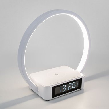 Светодиодная настольная лампа с беспроводной зарядкой и будильником белого цвета 