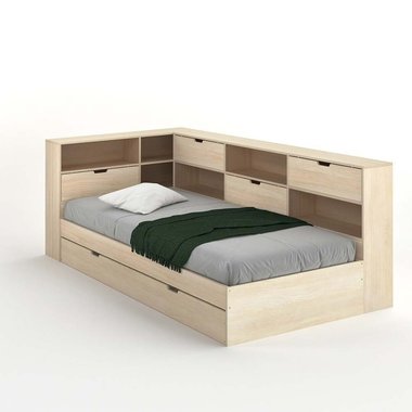 Кровать с ящиком и кроватным основанием Yann 90х190 бежевого цвета