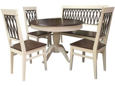 Обеденная группа из стола и трех стульев  и скамьи коричневого цвета