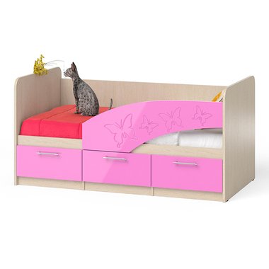 Кровать Бабочки 80х160 правая бежево-розового цвета  