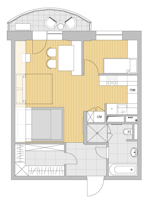 Фотография: Планировки в стиле , Перепланировка, как из однушки сделать трешку, Светлана Старцева, Massimos, однокомнатная квартира для семьи, как обустроить однокомнатную квартиру для пары с ребенком – фото на INMYROOM