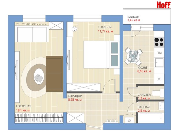 Фотография:  в стиле , Квартира, Планировки, HOFF, Перепланировка, HOFF, П-43, Анастасия Киселева, 2 комнаты, 40-60 метров – фото на INMYROOM