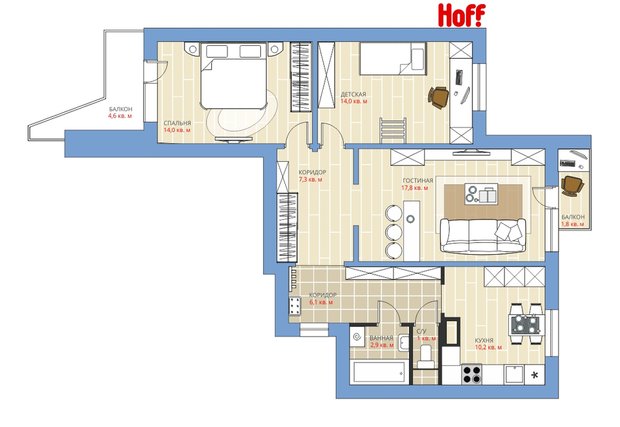 Фотография:  в стиле , Квартира, HOFF, Перепланировка, HOFF, Анастасия Киселева, Панельный дом, П-3, 3 комнаты, 60-90 метров – фото на INMYROOM