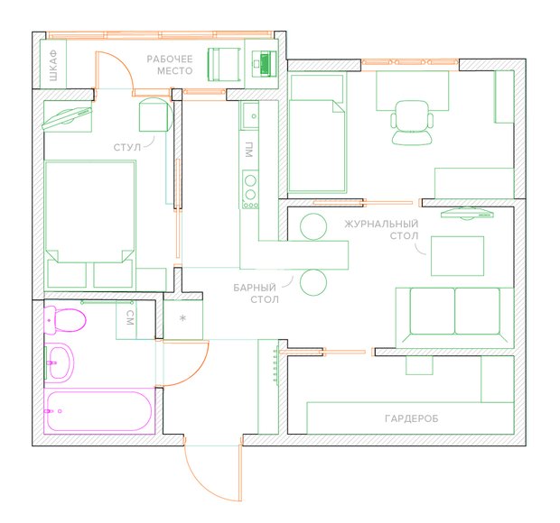 Фотография: Планировки в стиле , Малогабаритная квартира, Квартира, Перепланировка, П-43, Панельный дом, 1 комната, до 40 метров – фото на INMYROOM