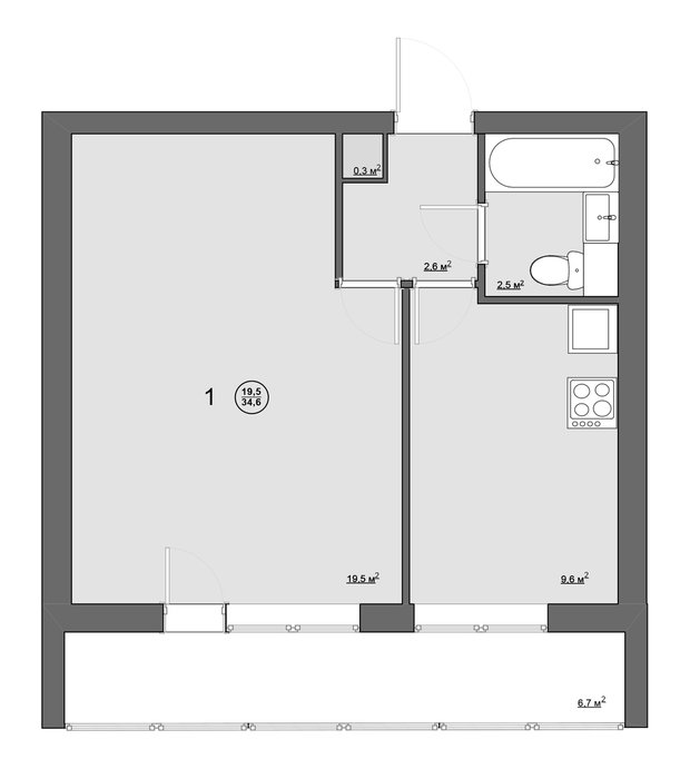 Обмерный план однокомнатной квартиры (34 кв. м) в блочном доме серии II-68-01