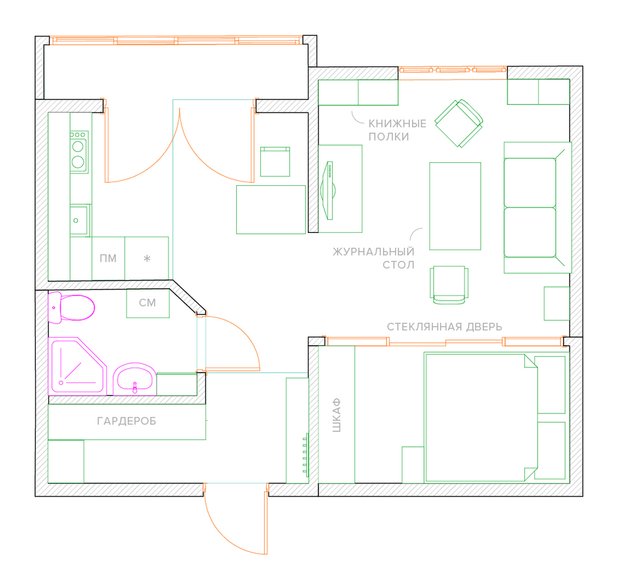 Фотография: Планировки в стиле , Малогабаритная квартира, Квартира, Перепланировка, П-43, Панельный дом, 1 комната, до 40 метров – фото на INMYROOM