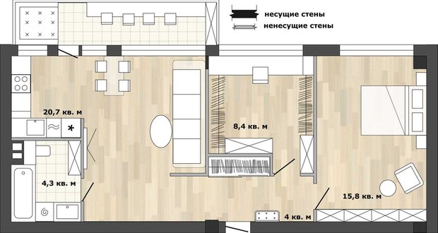 Фотография: Планировки в стиле , Кухня и столовая, Перепланировка, Анастасия Киселева, дом серии 1МГ-601 – фото на INMYROOM