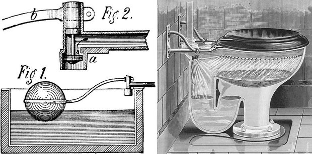 Изобретения Краппера: бачок с перекрывающим подачу воды автоматическим рычажно-поплавковым клапаном и унитаз с «водяным замком» в виде изогнутой в форме буквы U сливной трубы.
