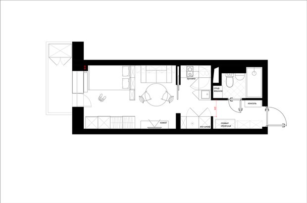 Первый вариант: квартира вытянута, кухня и жилая комната «нанизаны» на продольную ось