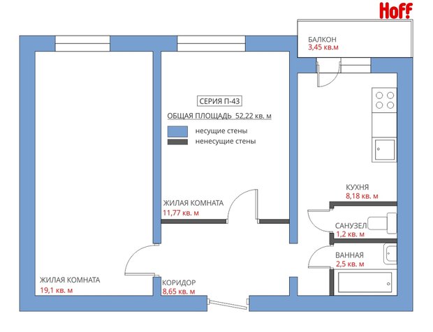Фотография: Планировки в стиле , Квартира, HOFF, Перепланировка, HOFF, П-43, Анастасия Киселева, 2 комнаты, 40-60 метров – фото на INMYROOM