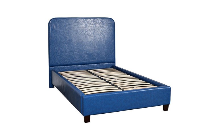Кровать односпальная с высоким изголовьем из синей экокожи 120х200