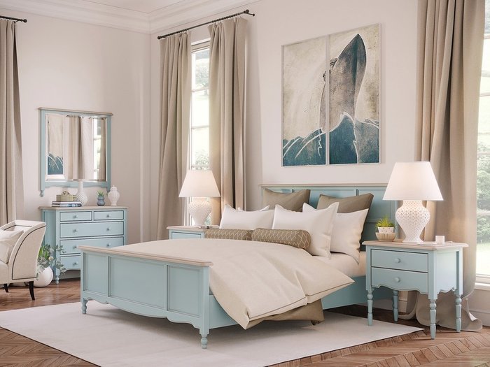 Кровать двуспальная Leblanc c изножьем голубого цвета 160х200