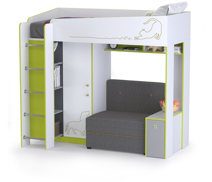 Кровать-чердак с диванным блоком Альфа бело-зеленого цвета