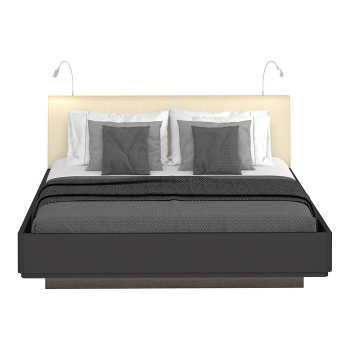 Кровать Элеонора 180х200 с изголовьем бежевого цвета и двумя светильниками