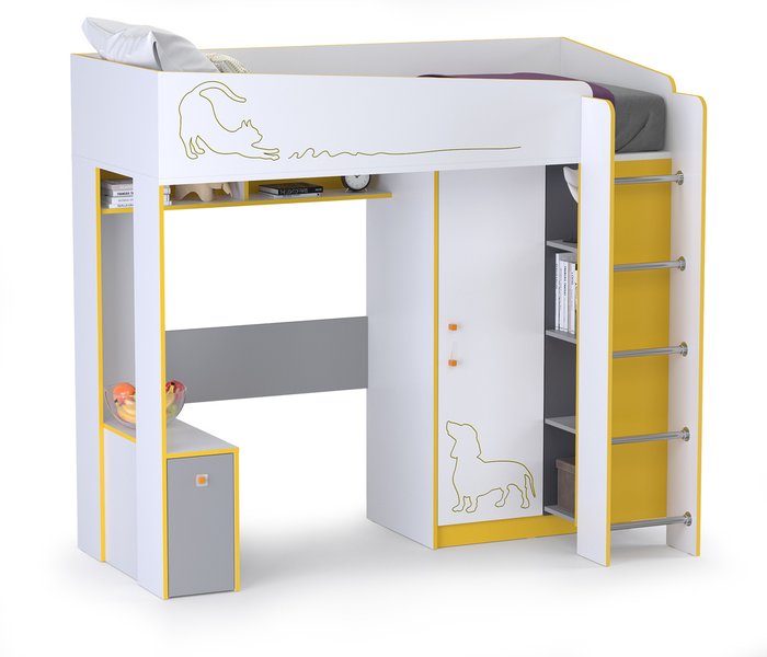 Кровать-чердак со столом Альфа 80х190 бело-желтого цвета