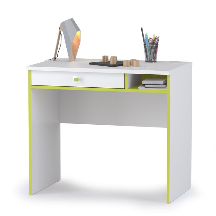 Письменный стол с надстройкой и стеллажом Альфа бело-зеленого цвета