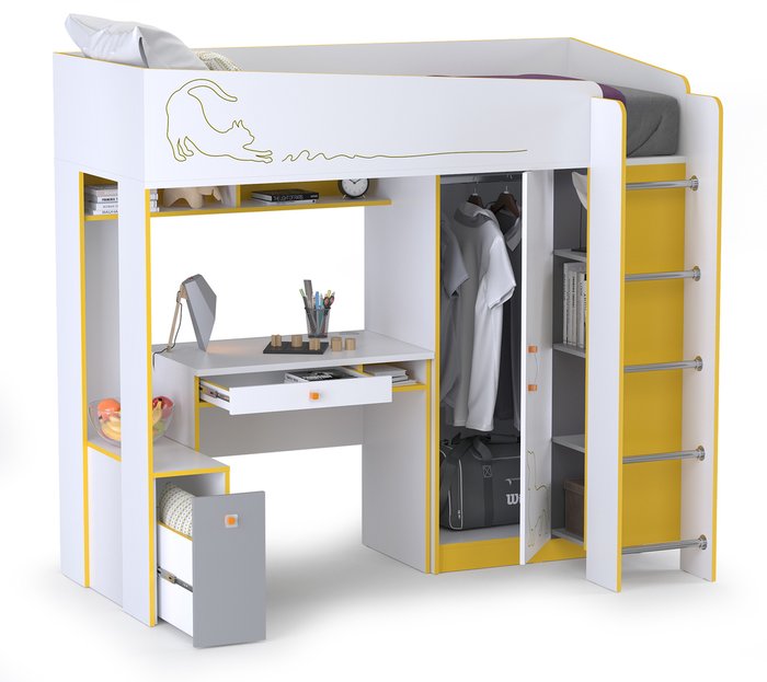 Кровать-чердак со столом Альфа 80х190 бело-желтого цвета