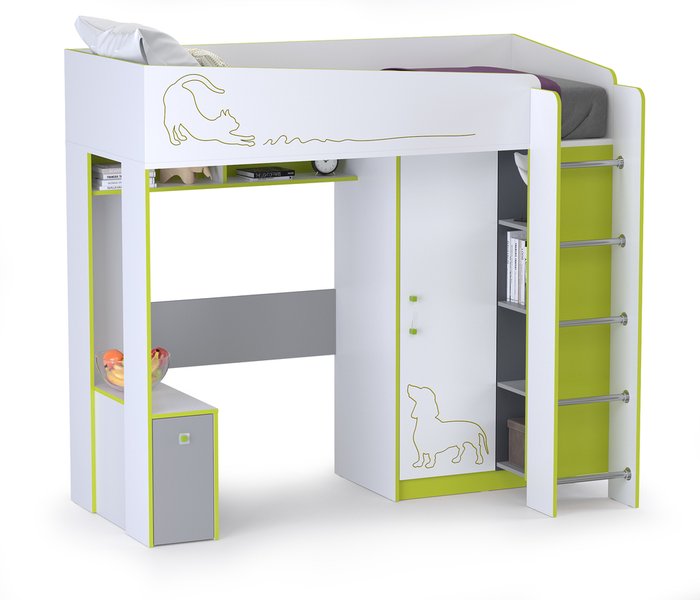 Кровать-чердак со столом Альфа 80х190 бело-зеленого цвета
