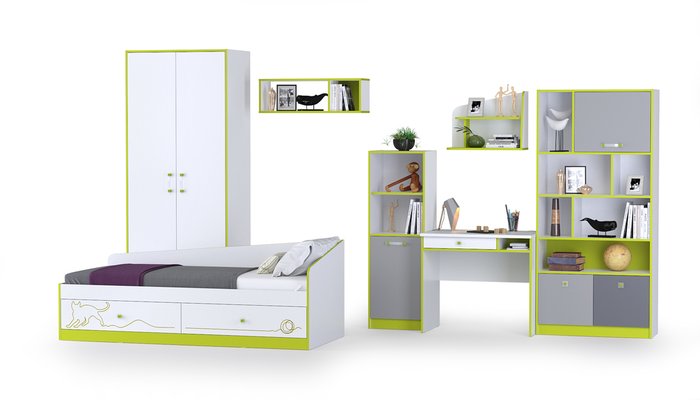 Мебель для детской комнаты Альфа № 24 бело-зеленого цвета