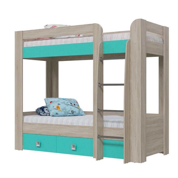 Кровать детская двухъярусная с двумя ящиками Сити бежево-зеленого цвета