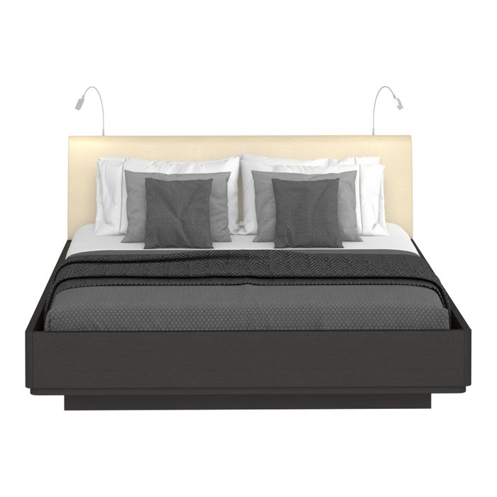 Кровать Элеонора 160х200 с изголовьем бежевого цвета и двумя светильниками 