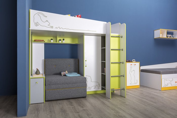Кровать-чердак с диванным блоком Альфа бело-зеленого цвета