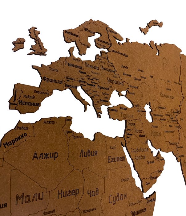 Деревянная карта мира Countries Rus с гравировкой коричневого цвета