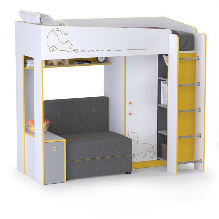 Кровать-чердак с диванным блоком Альфа 80х190 бело-оранжевого цвета