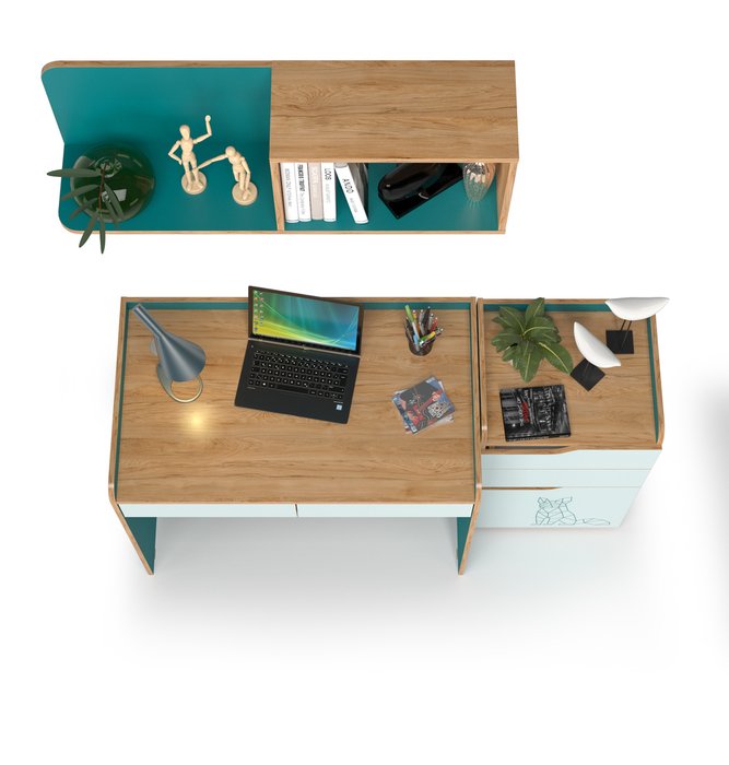 Стол письменный с комодом и полкой Гудвин зеленого цвета