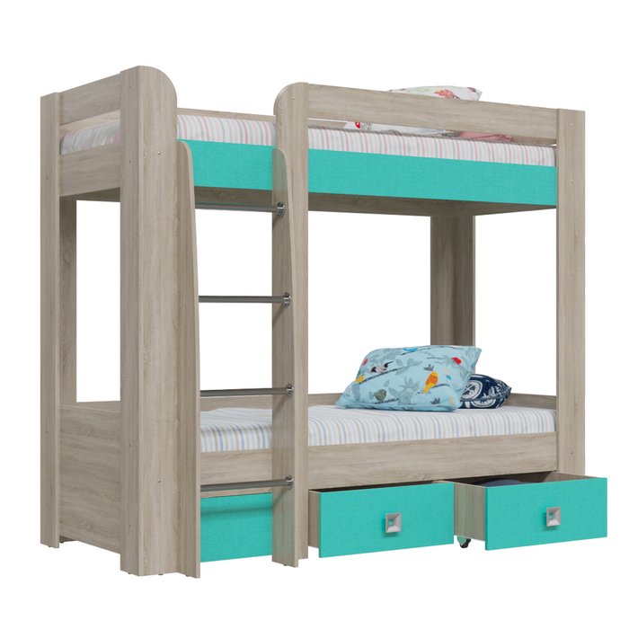 Кровать детская двухъярусная с двумя ящиками Сити бежево-зеленого цвета