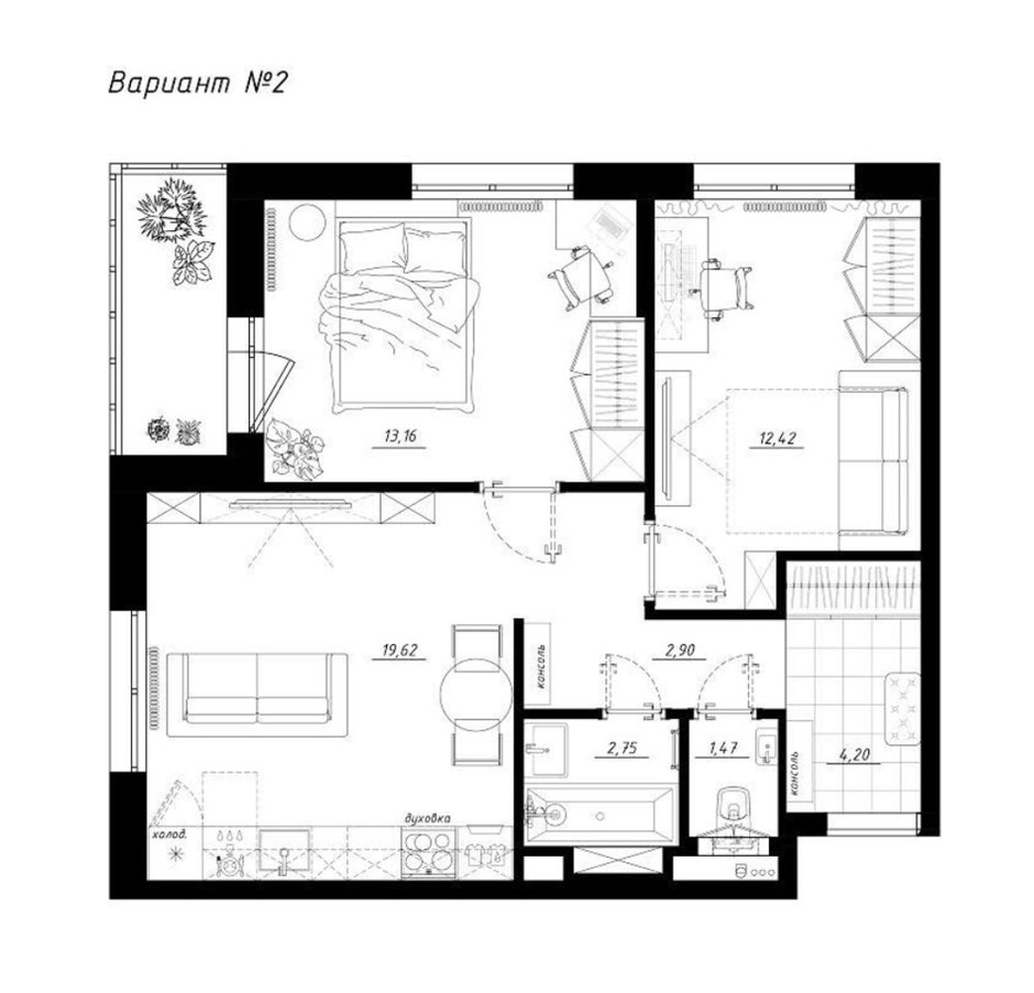 Фотография: Планировки в стиле , Квартира, Перепланировка, Никита Зуб, 2 комнаты, 40-60 метров – фото на INMYROOM