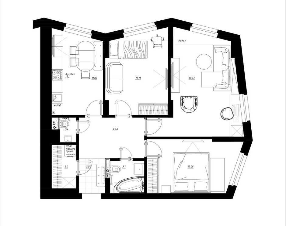 Фотография: Планировки в стиле , Квартира, Перепланировка, Никита Зуб, Монолитный дом, 3 комнаты, 60-90 метров, Москав, планировочная среда – фото на INMYROOM