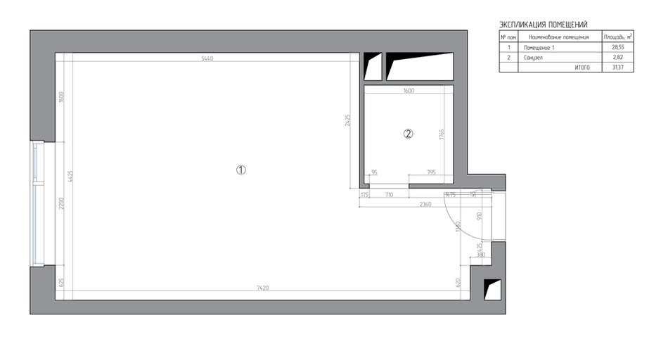 Обмерный план квартиры-студии в ЖК «Символ» (31,4 кв.м)