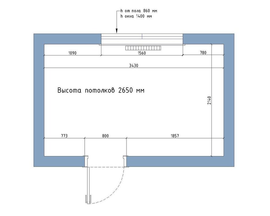Обмерный план кухни 7,3 кв. м в однокомнатной квартире дома серии П-44Т