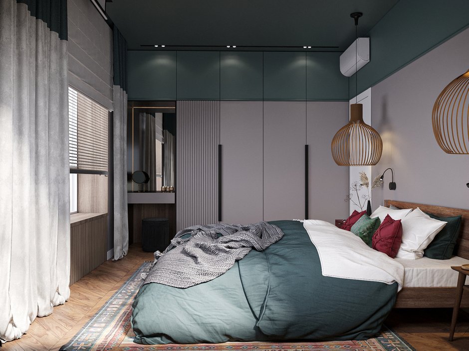 Ковры в стиле бохо в спальне и гостиной объединяют все подобранные цвета в интерьере.
