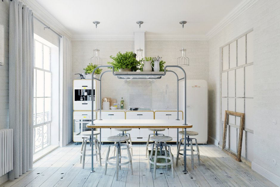 Фотография: Кухня и столовая в стиле Лофт, Квартира, Цвет в интерьере, Дома и квартиры, Белый – фото на INMYROOM