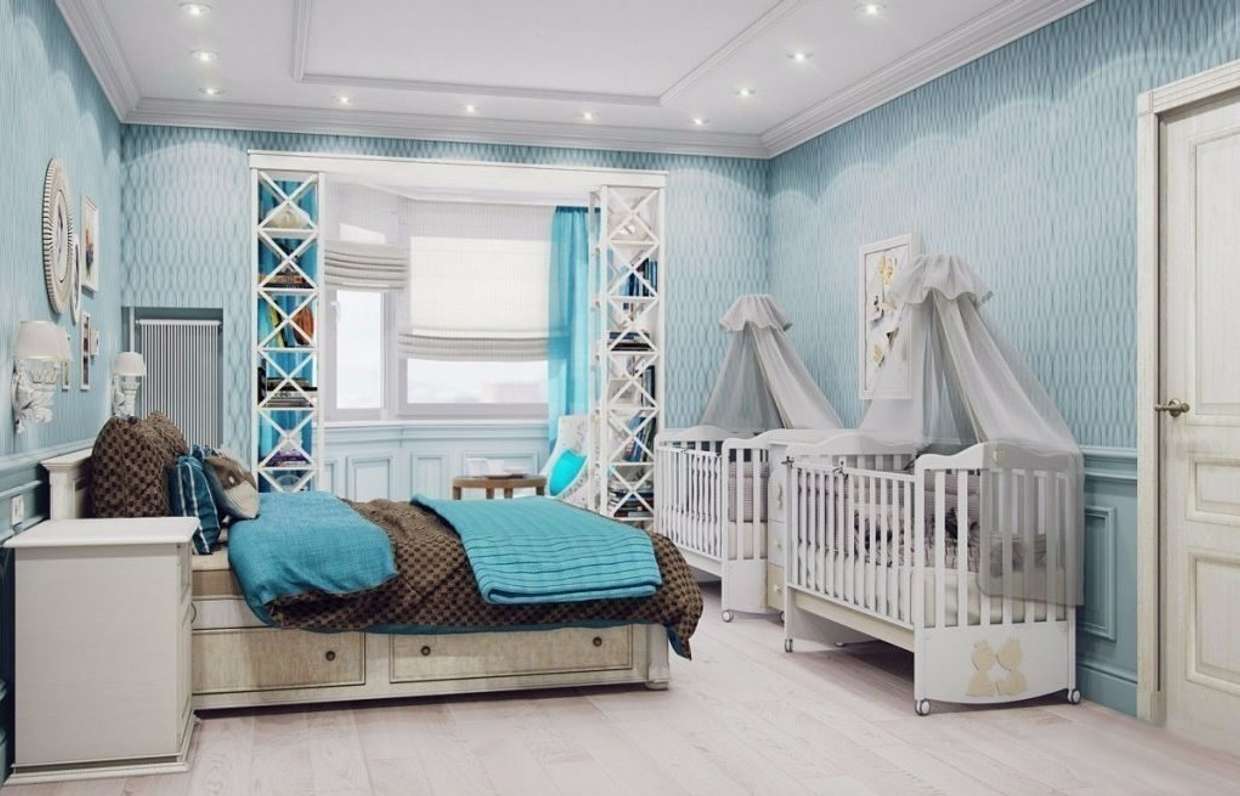 Спальня с детской кроватью в одной комнате